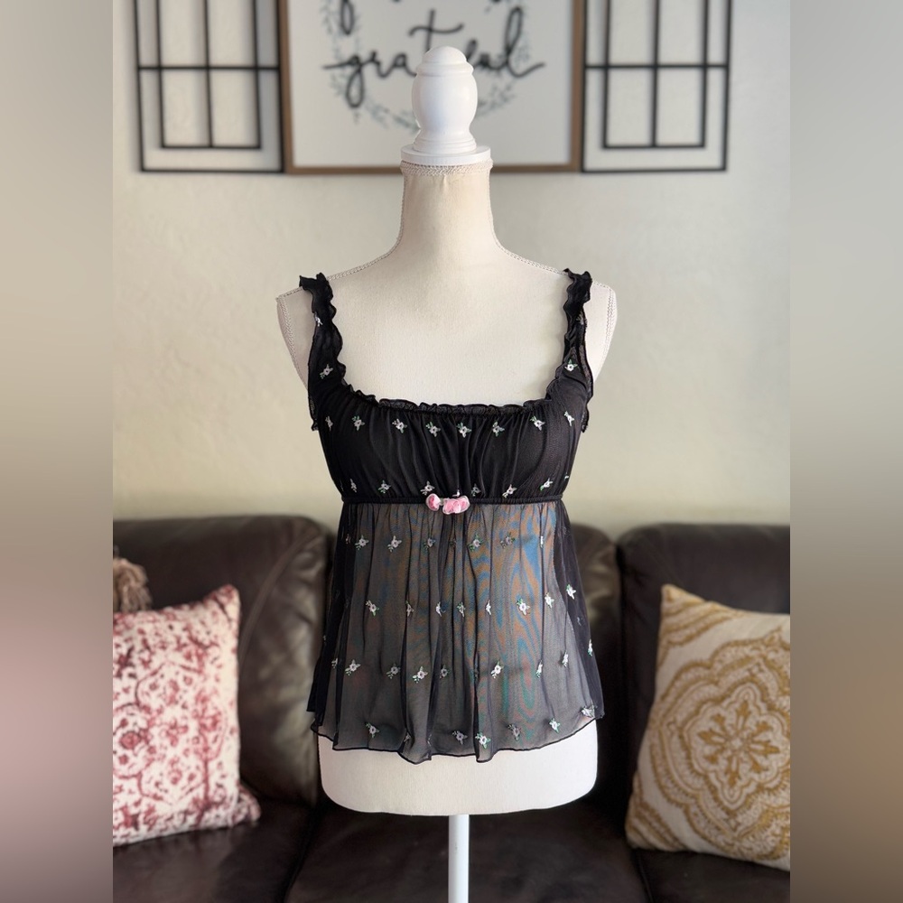 Y2k Victoria's Secret‎ Mesh Floral Embroidered Corset Milk Maid Tank Top Size L - Picture 3 of 15
